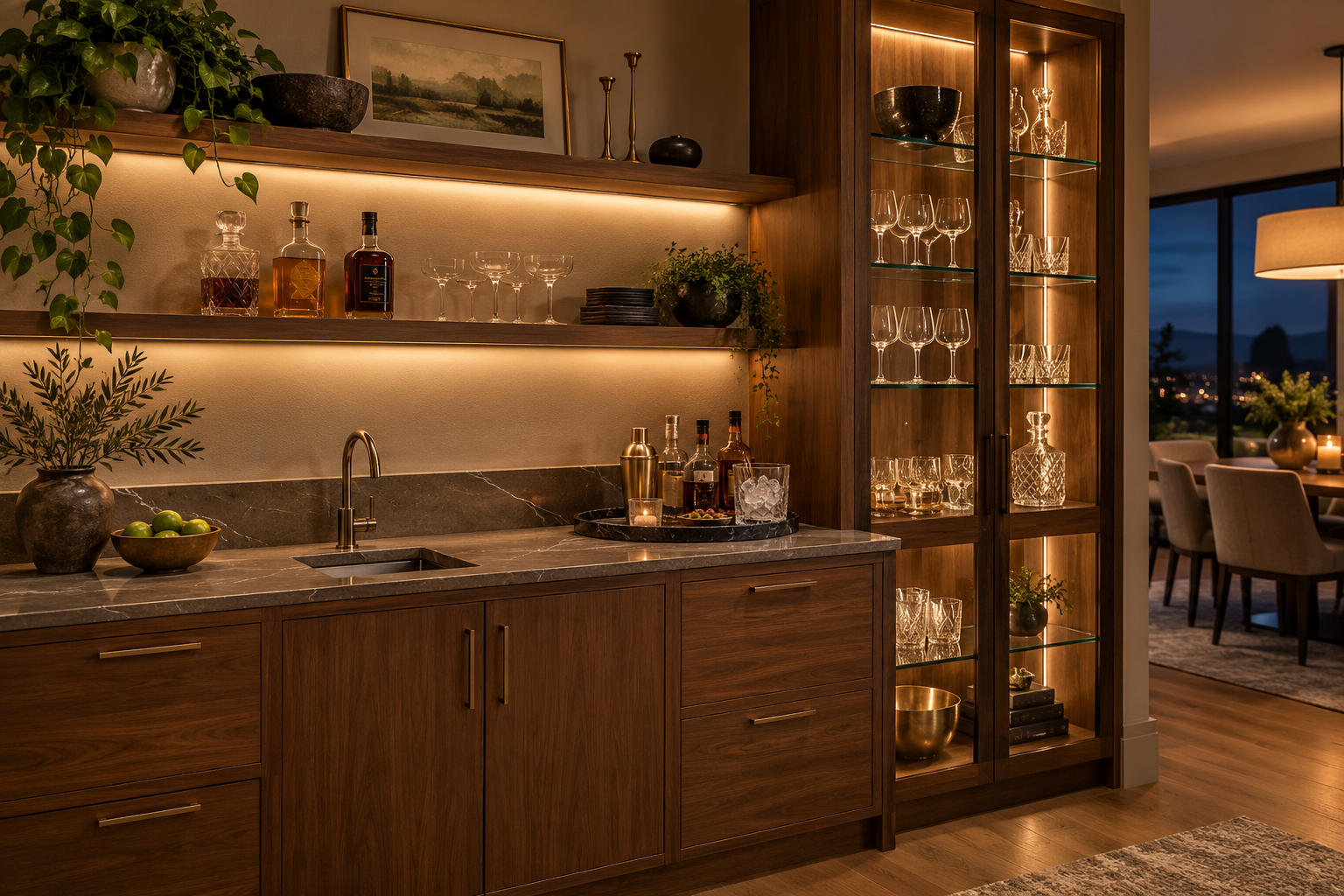 Ảnh AI minh họa Quầy bar tại nhà kết hợp tủ trưng bày và khu phục vụ