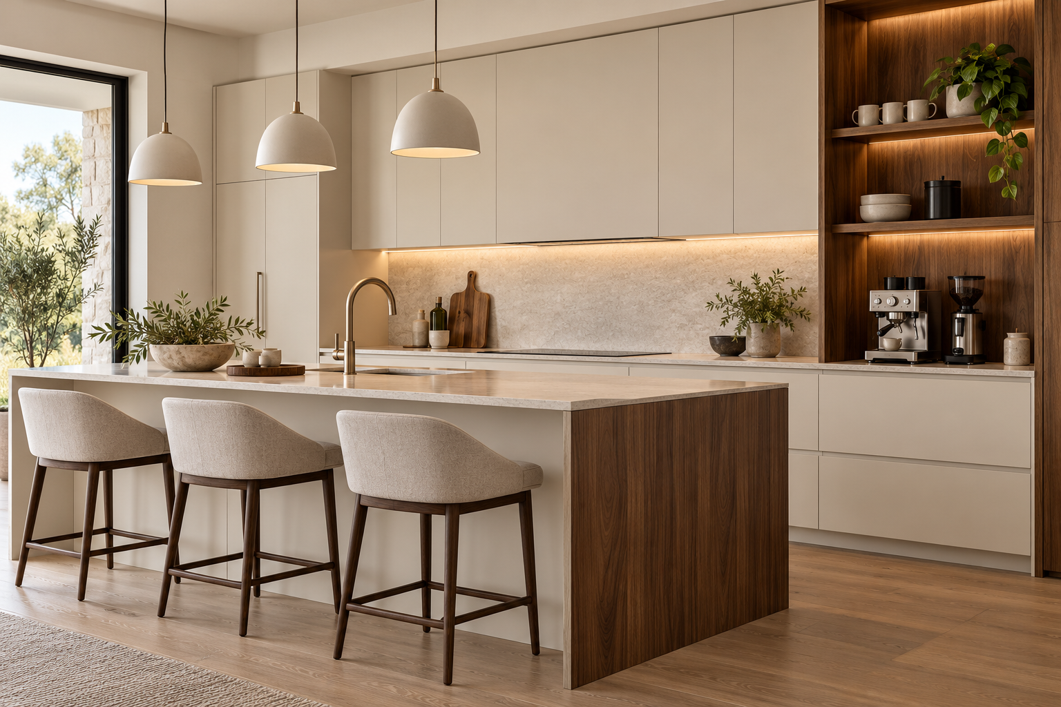 Ảnh AI minh họa Quầy bar bếp phối cánh kem và đầu hồi vân gỗ