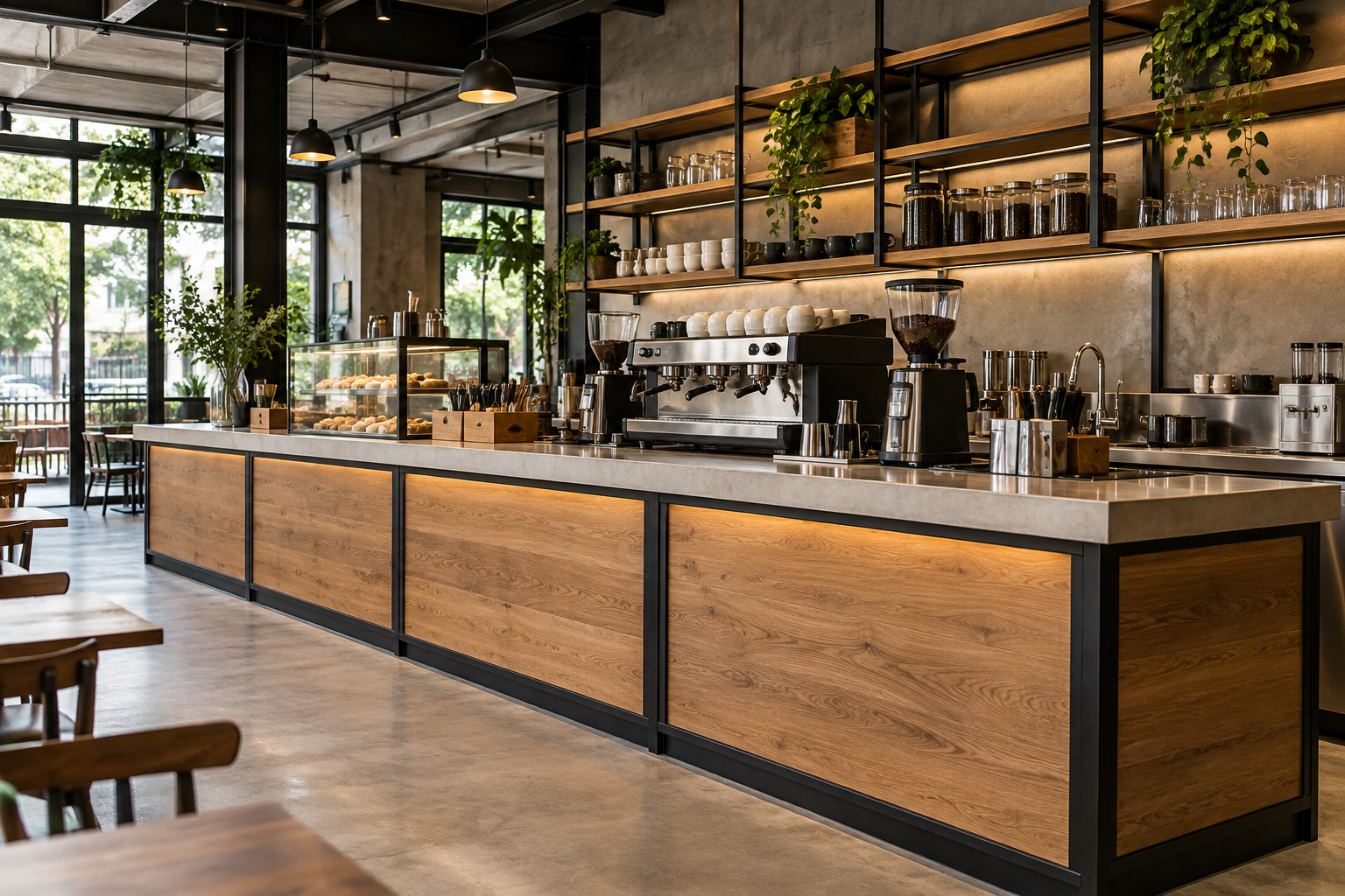 Ảnh AI minh họa: Quầy cafe khung sắt đen phối tấm gỗ và mặt sáng