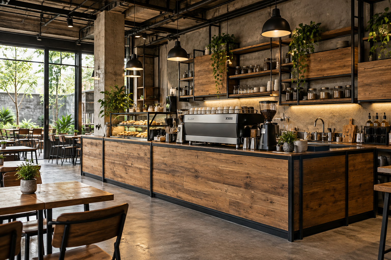 Ảnh AI minh họa: Tổng thể quầy gỗ khung sắt trong cafe phong cách công nghiệp