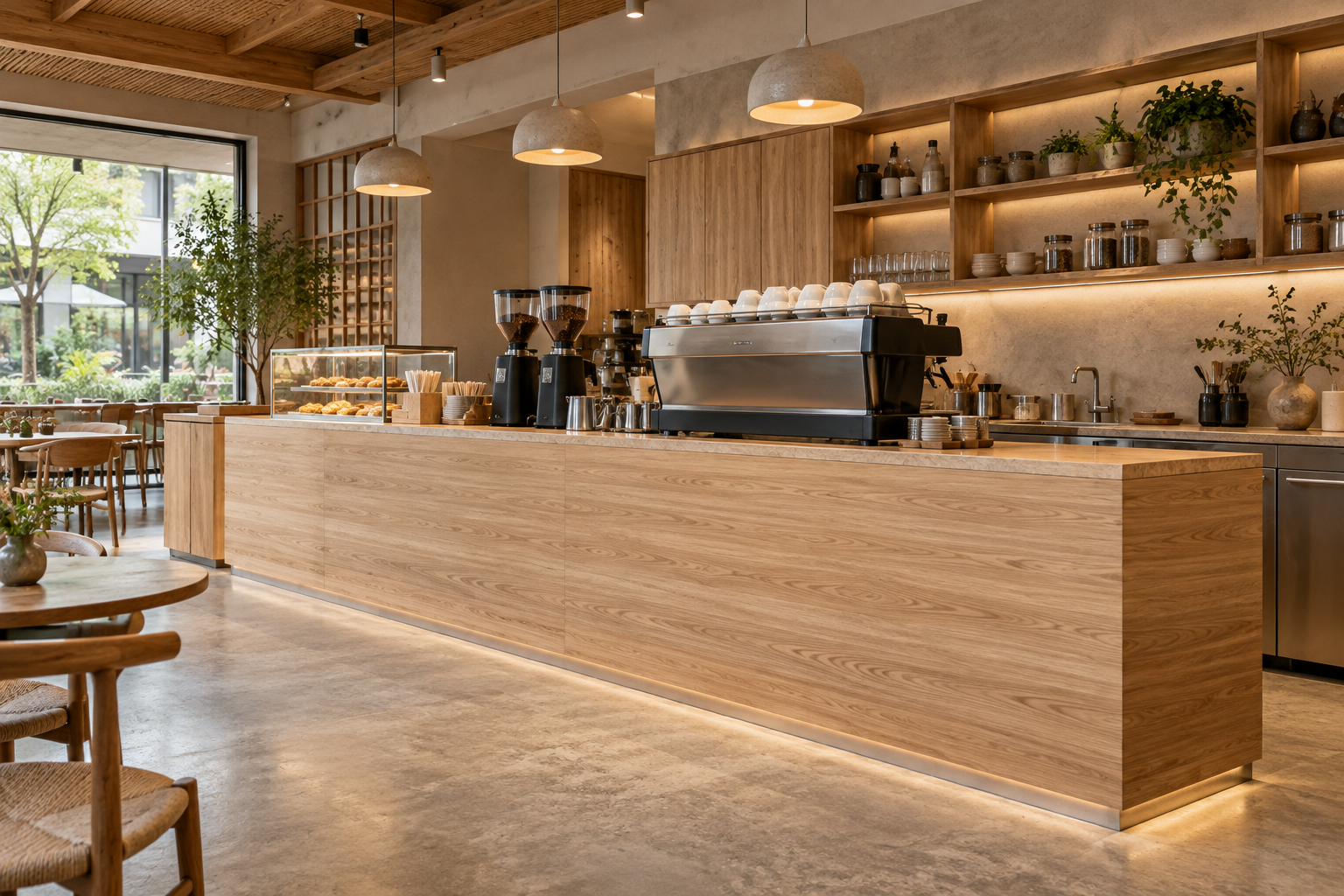 Ảnh AI minh họa: Quầy cafe vân gỗ sáng với mặt tiền liền mảng