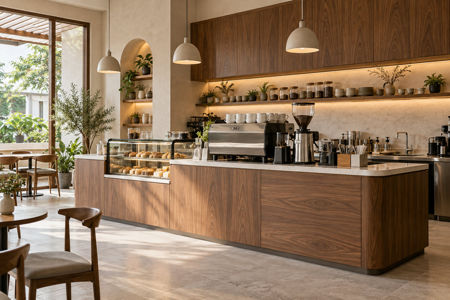 Ảnh AI minh họa: Quầy cafe vân gỗ ấm phối mặt sáng trong ánh sáng tự nhiên