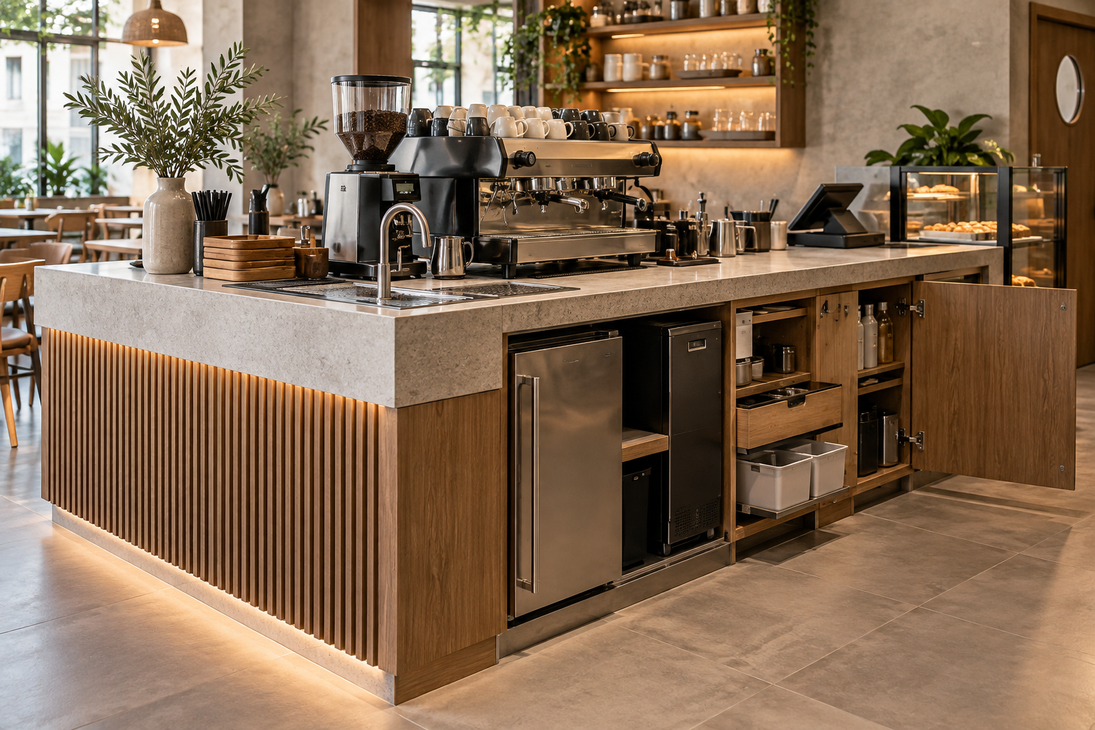 Ảnh AI minh họa: Quầy cafe dạng khối với mối nối gọn và lối tiếp cận