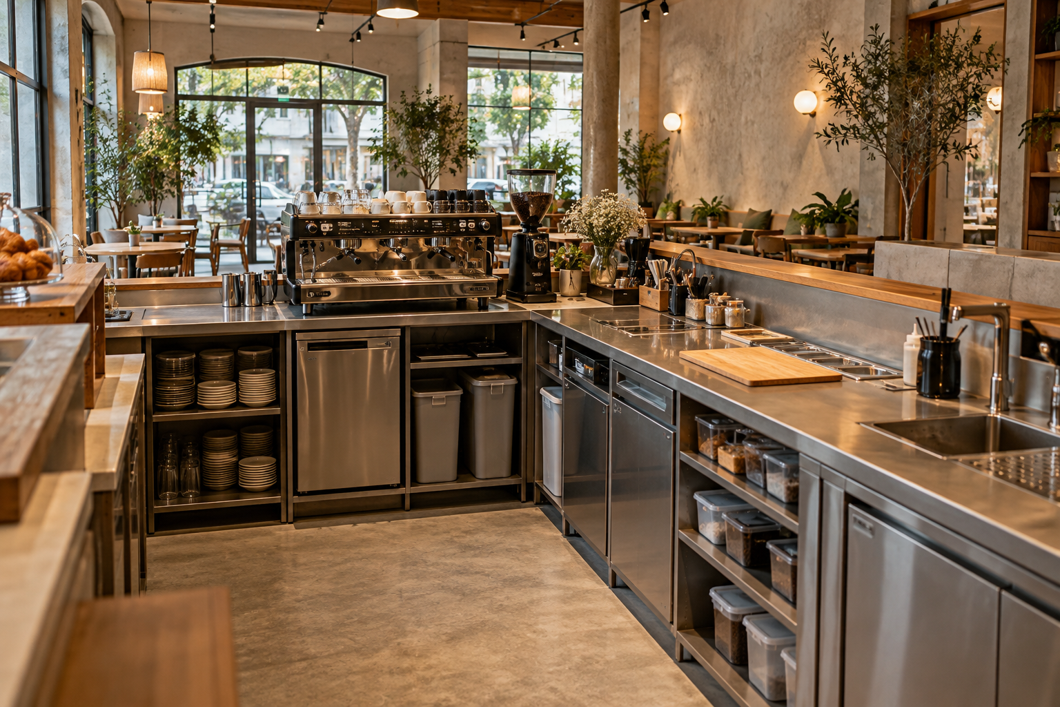 Ảnh AI minh họa: Góc thao tác quầy cafe với khoang mở và mặt chuẩn bị
