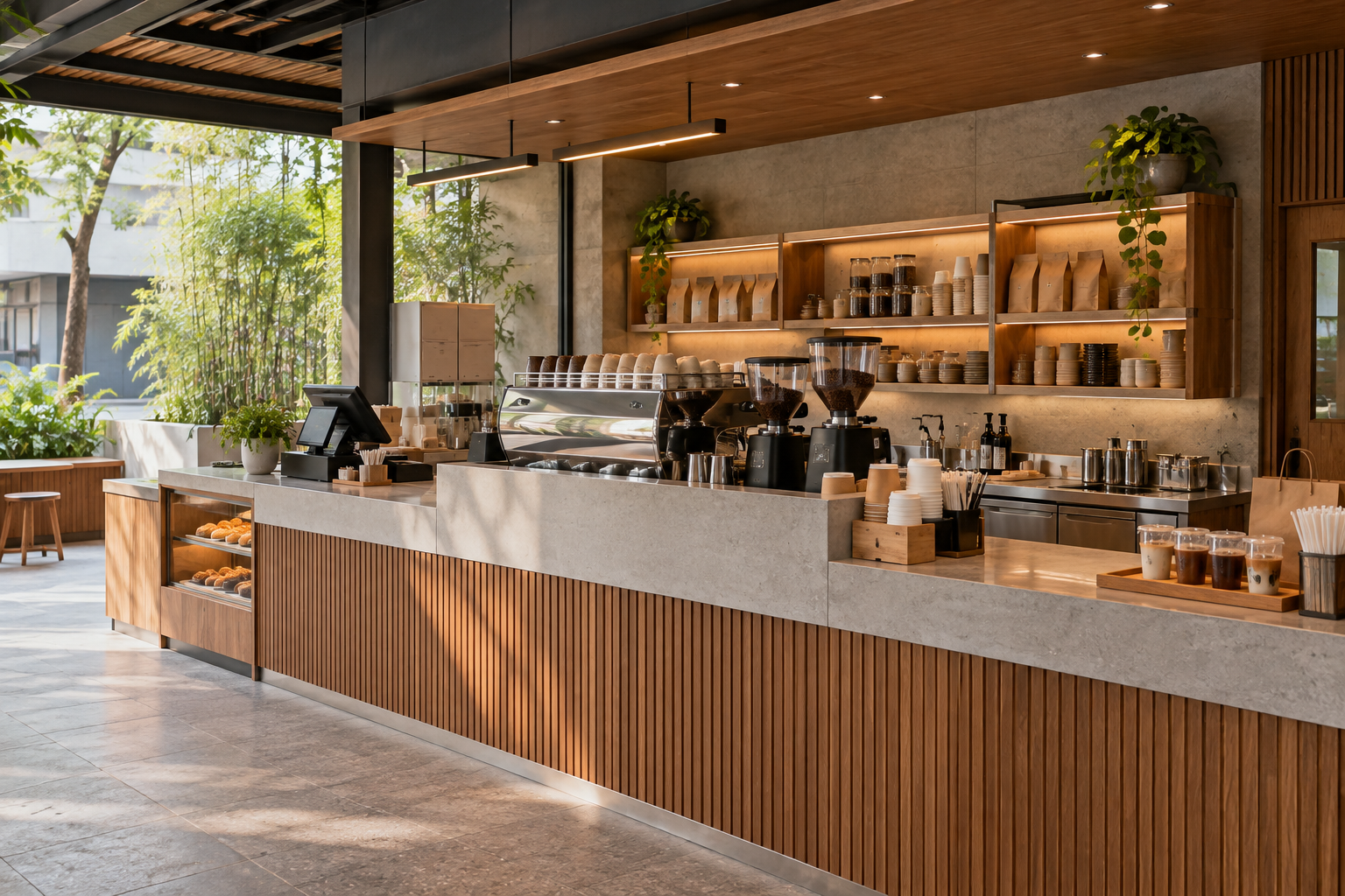 Ảnh AI minh họa: Quầy cafe take away có vùng order và nhận nước rõ