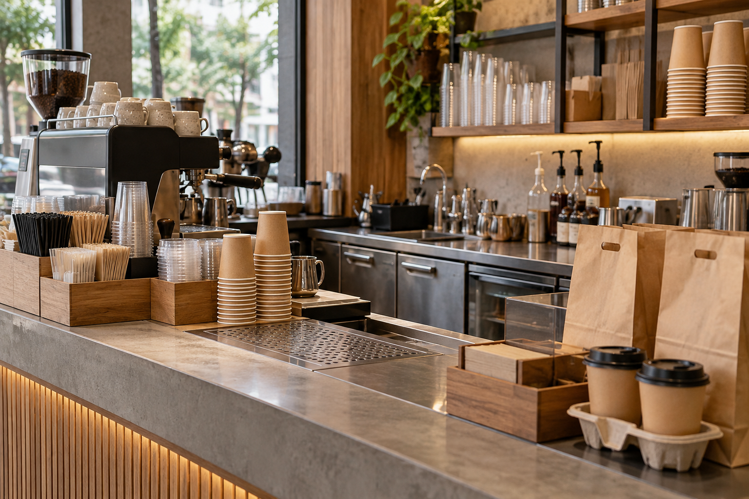Ảnh AI minh họa: Mặt quầy take away với khu chuẩn bị ly và đóng túi
