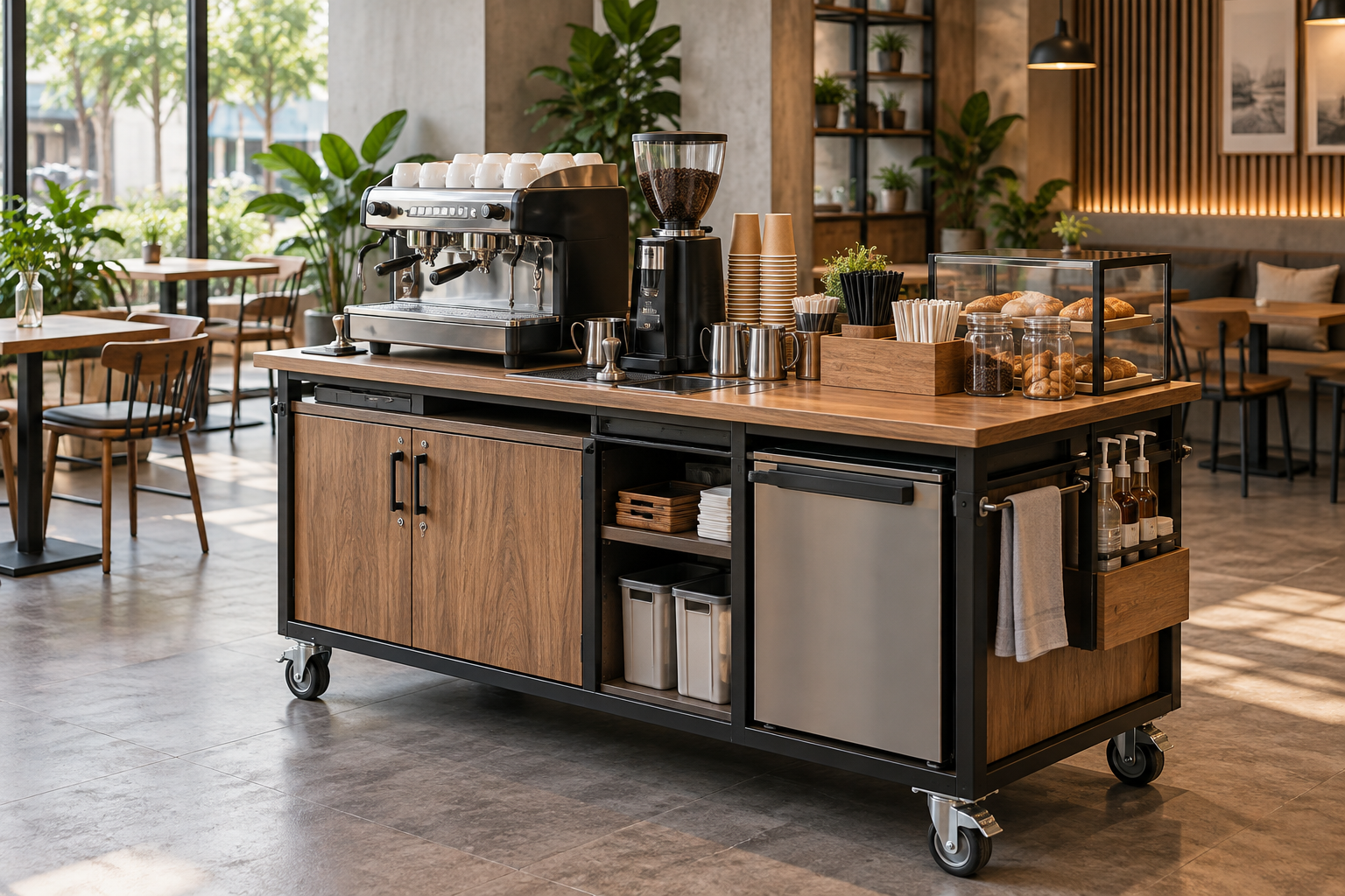 Ảnh AI minh họa: Xe quầy cafe gọn với thiết bị và mặt phục vụ rõ