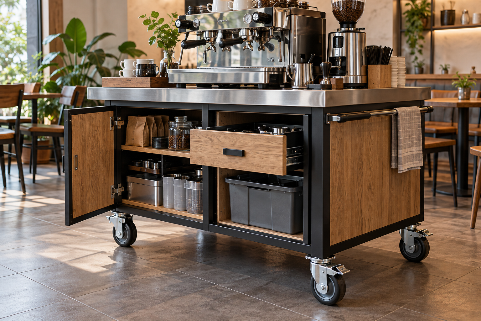 Ảnh AI minh họa: Chi tiết xe quầy cafe với bánh khóa và ngăn chứa