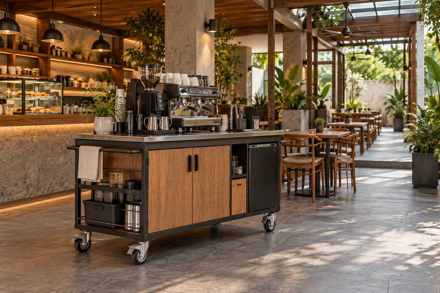 Ảnh AI minh họa: Xe cafe trong khu vực phục vụ có mái và lối đi thoáng