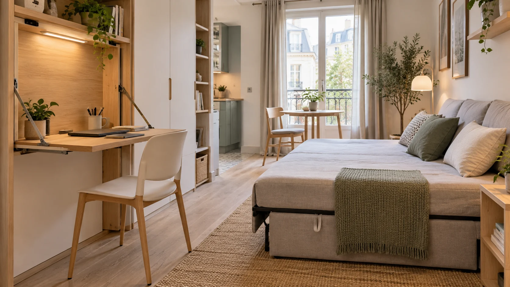 Căn hộ mini có bàn gập sát tủ, giường sofa và lối đi không bị cản