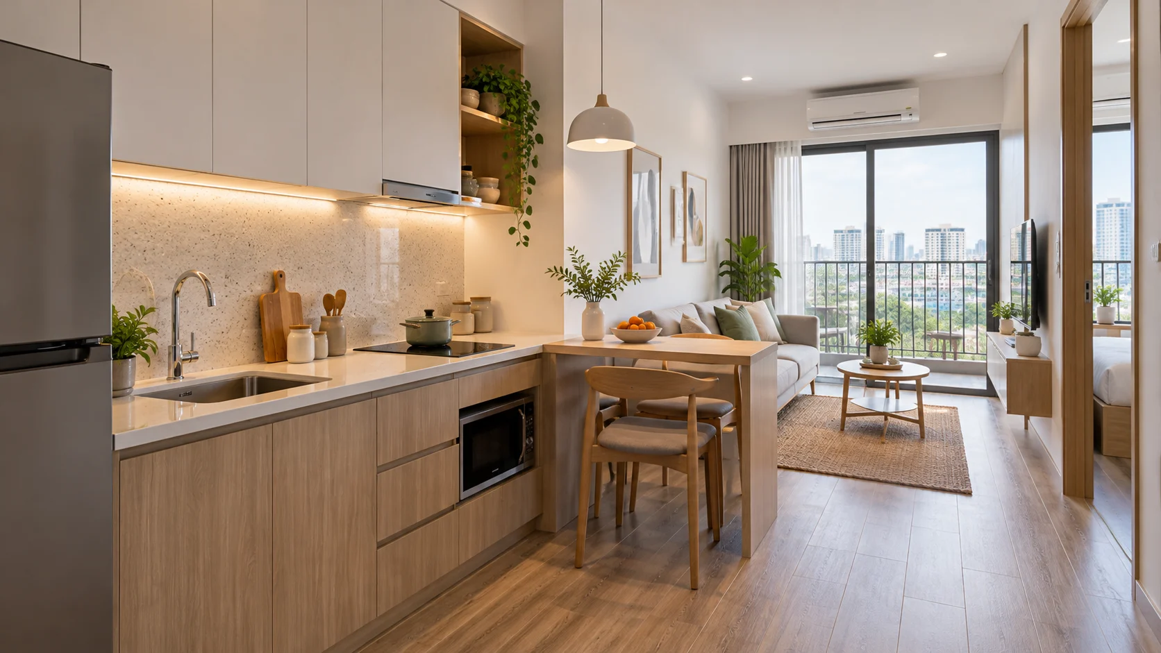 Căn hộ mini cho thuê có bếp chữ thẳng và bàn ăn nhỏ cạnh khu sinh hoạt