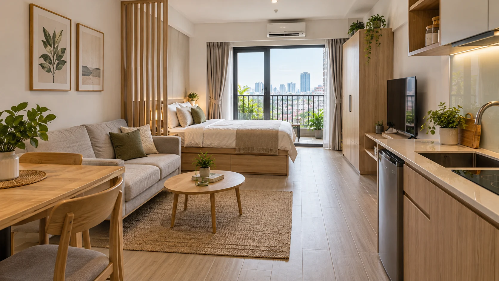 Căn hộ mini cho thuê chia gọn khu ngủ, bếp và tiếp khách trong một không gian mở