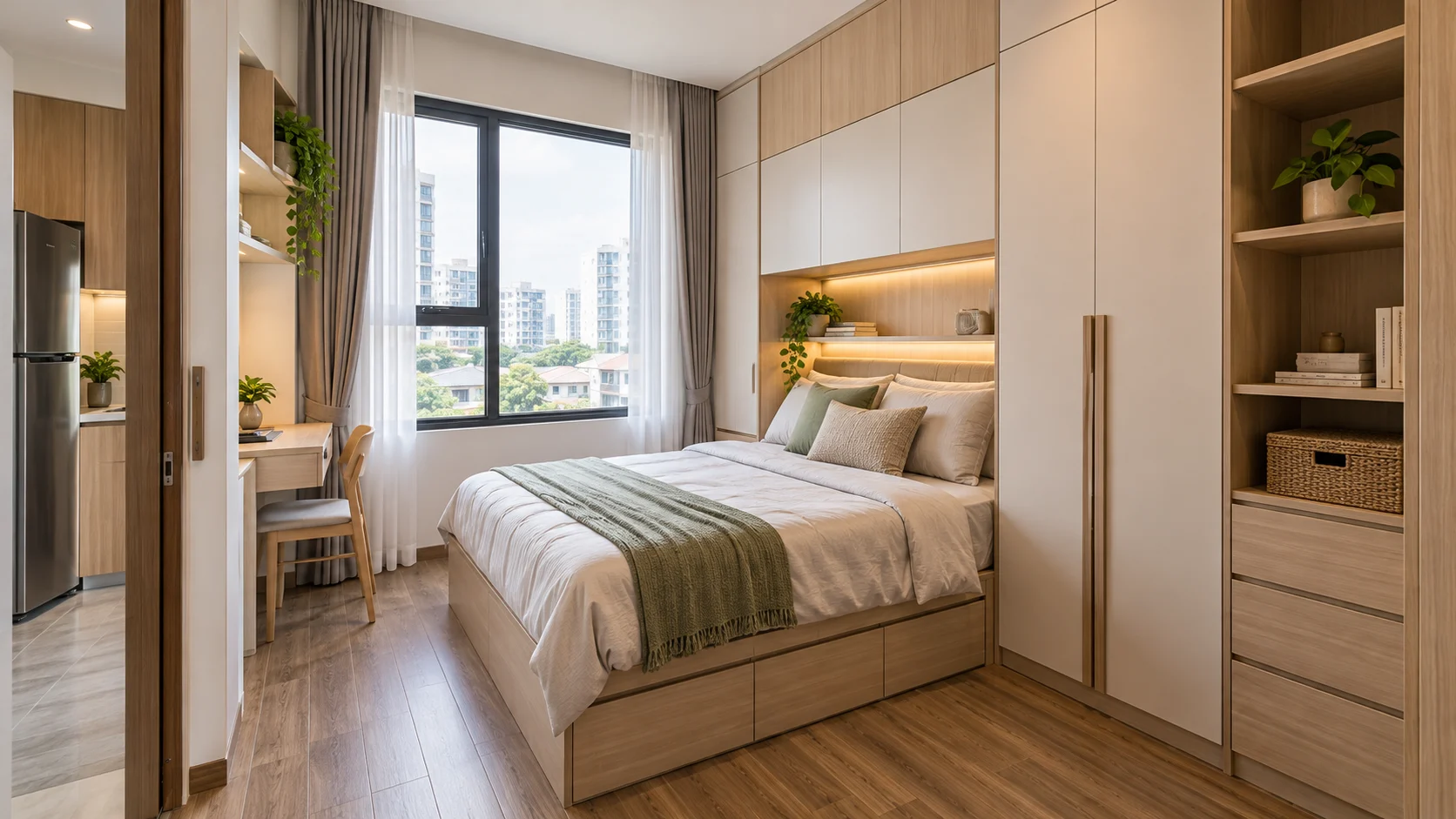 Căn hộ mini cho thuê có giường tích hợp ngăn kéo và tủ cao sát tường