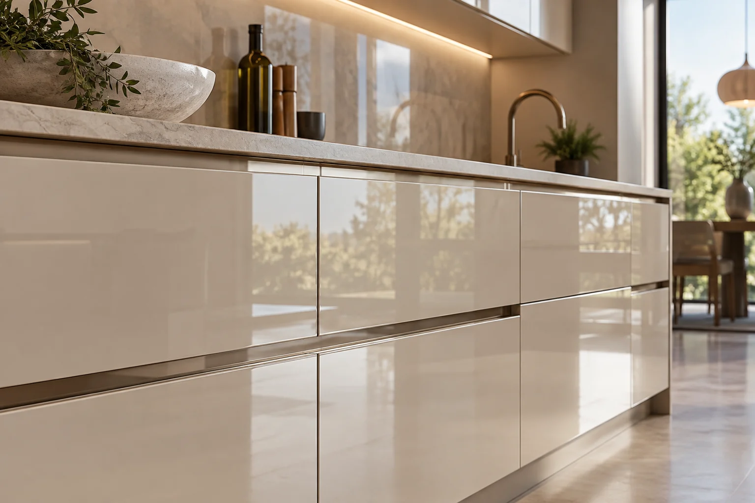 Bề mặt cánh tủ acrylic bóng sáng, ảnh minh họa AI