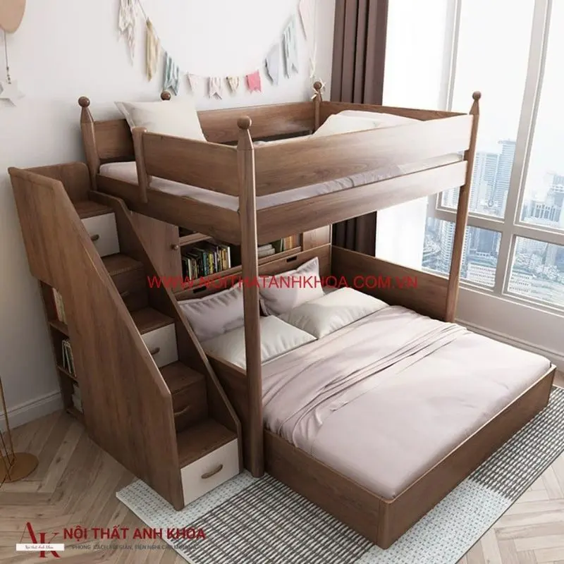 Giường tầng gỗ công nghiệp cổ cấu thang đẹp hiện đại