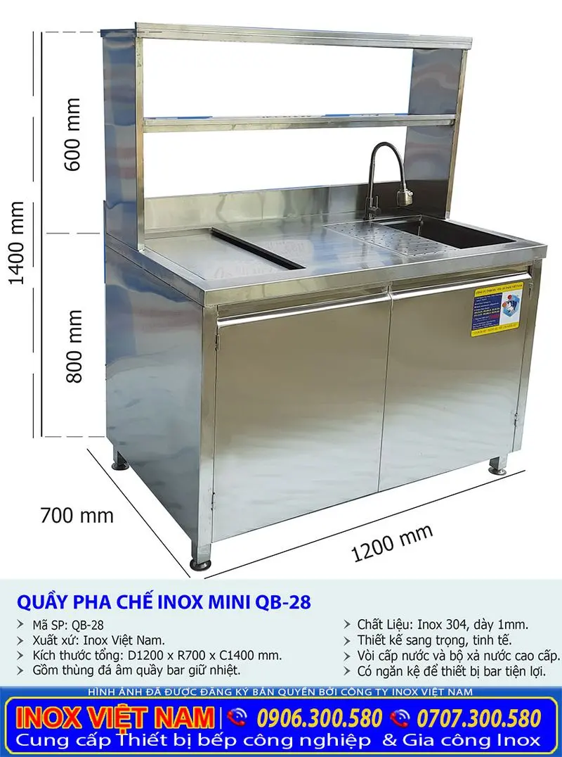 Kích thước quầy pha chế trà sữa inox