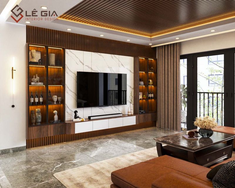 Thi Công Nội Thất Laminate Nhà Phố 6 Kệ tivi phòng khách đẹp