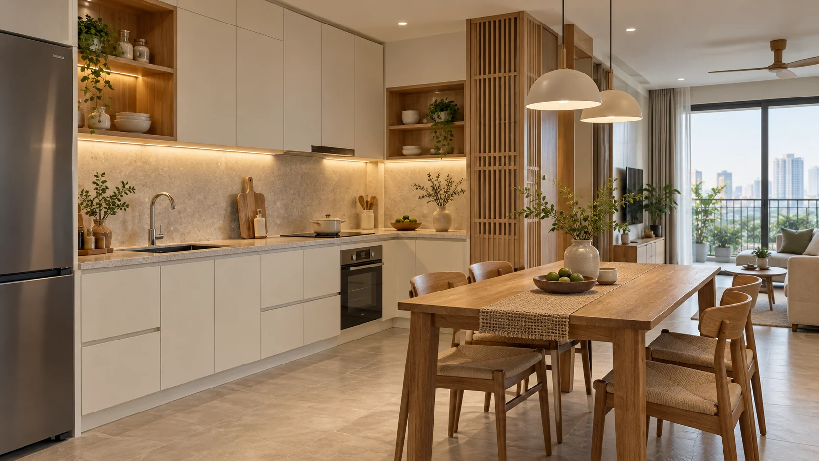 Mẫu nhà bếp hiện đại phối màu kem và gỗ sáng