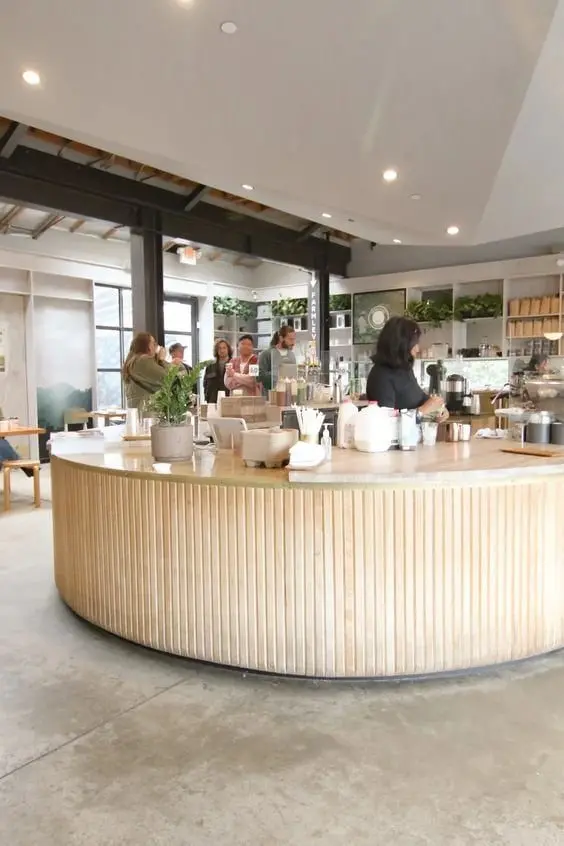 Quầy Bar chữ L ốp nan trang trí mặt tiền quầy