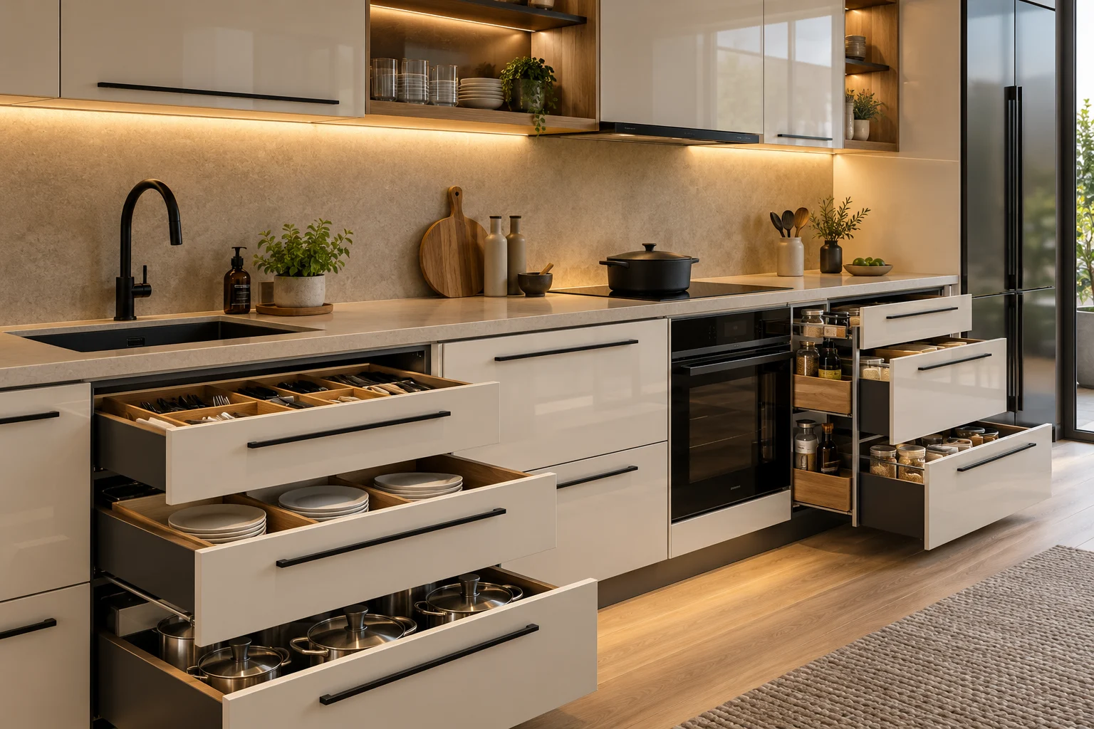 Ngăn kéo tủ bếp acrylic chữ I, ảnh minh họa AI