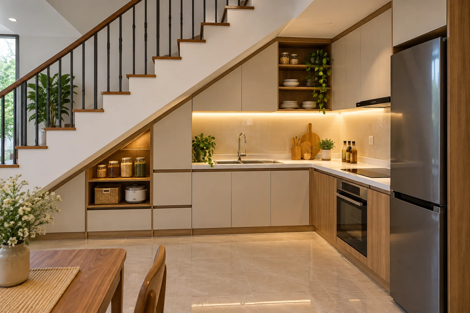 Thiết kế nhà bếp dưới gầm cầu thang tận dụng diện tích