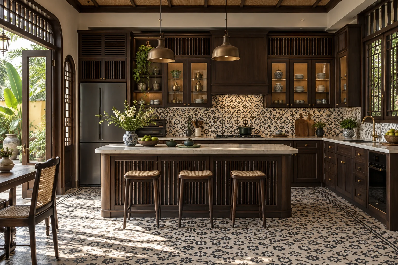 Nhà bếp phong cách Indochine kết hợp gỗ và gạch họa tiết