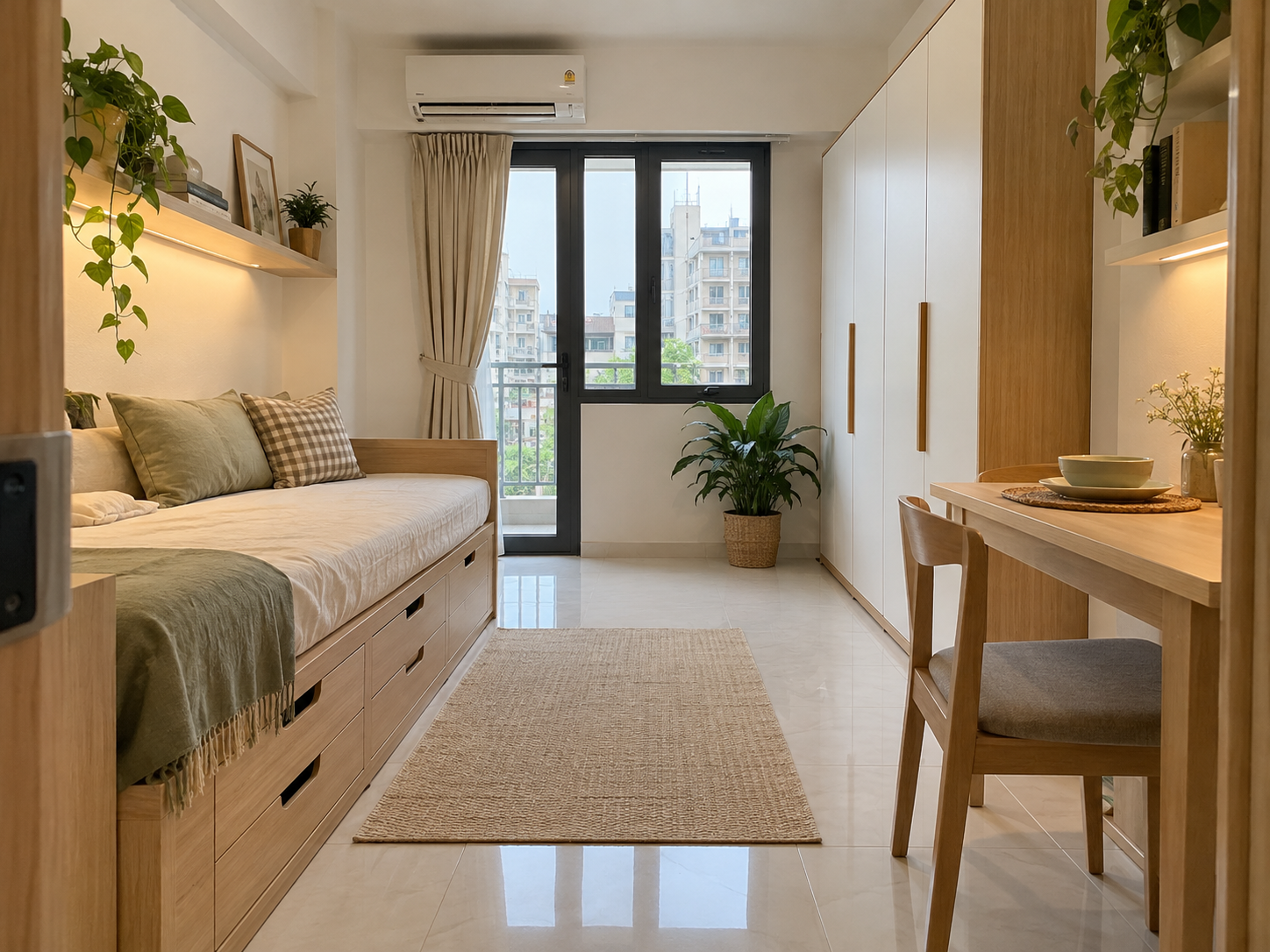 Phòng trọ có gác lửng bố trí giường, tủ và góc làm việc nhỏ sát cửa sổ