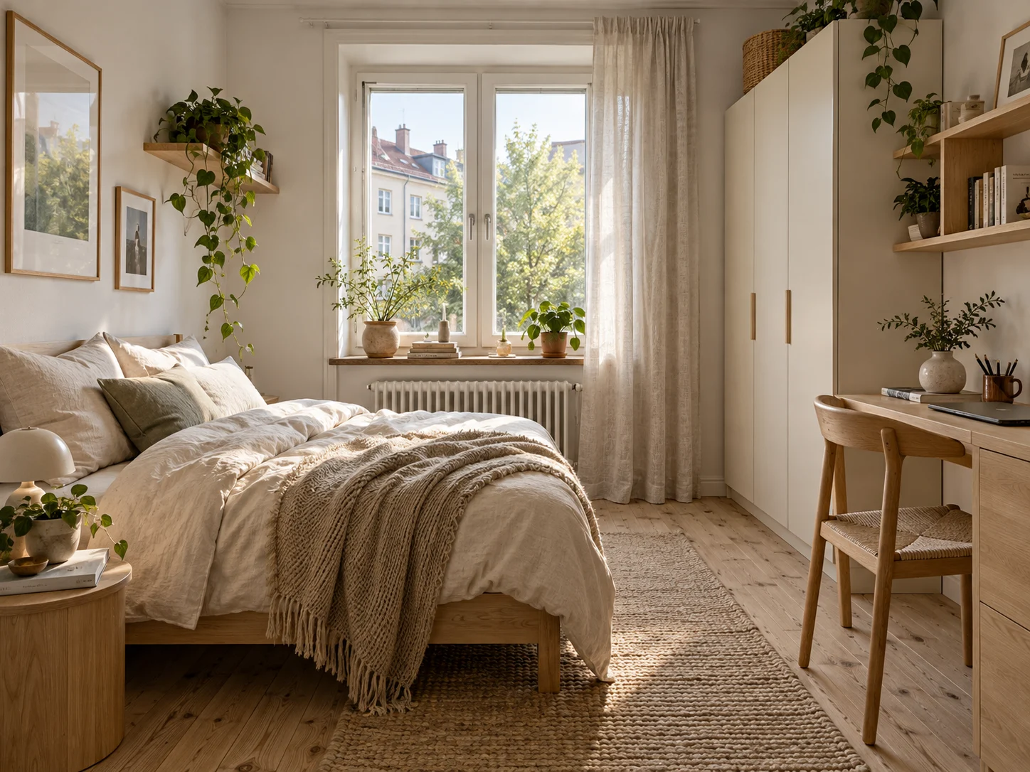 Nội thất phòng trọ phong cách Scandinavian với bàn và tủ gỗ sáng