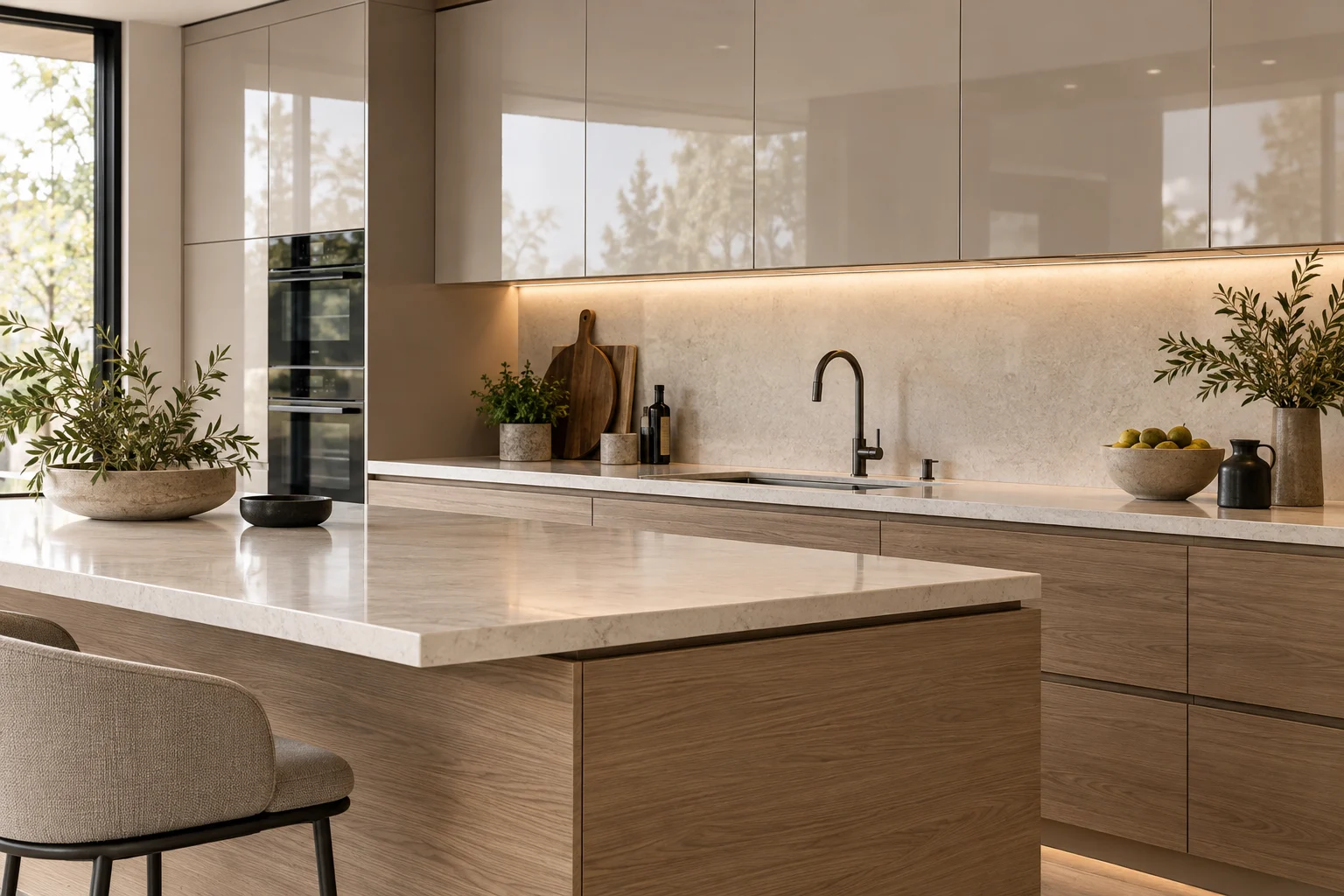 Phối cánh tủ acrylic, laminate và mặt bàn sáng màu