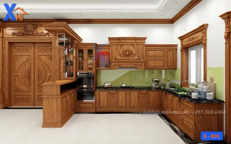 Tủ bếp biệt thự gỗ kết hợp quầy bar