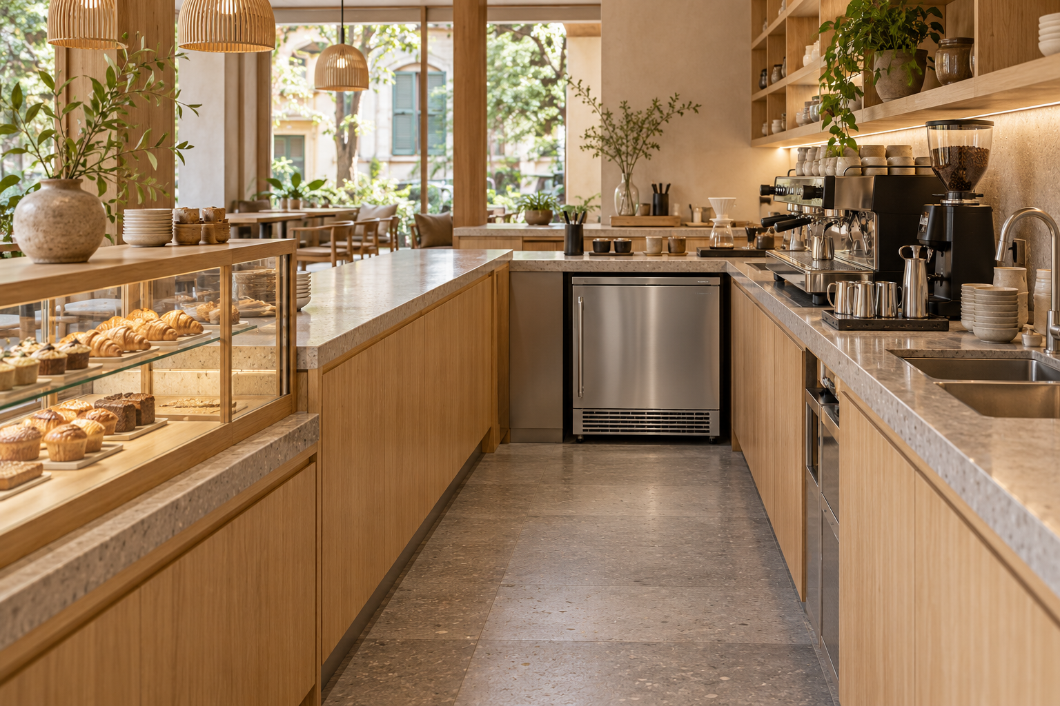 Ảnh AI quầy cafe với tủ mát dưới mặt bàn và lối đứng phía trong