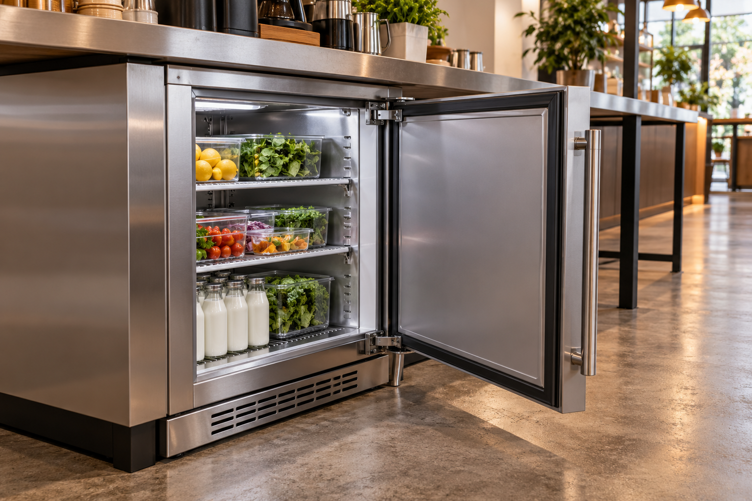 Ảnh AI cánh tủ mát mở về phía lối thao tác