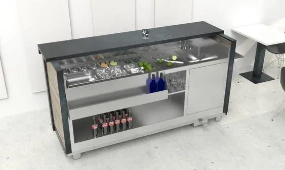 Thiết kế mẫu quầy pha chế inox có bánh xe đẹp và tiện lợi