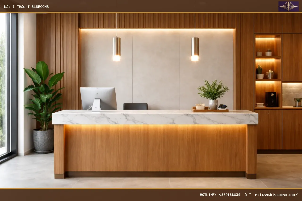 Quầy thu ngân gỗ ốp mặt đá – ảnh minh họa Bluecons