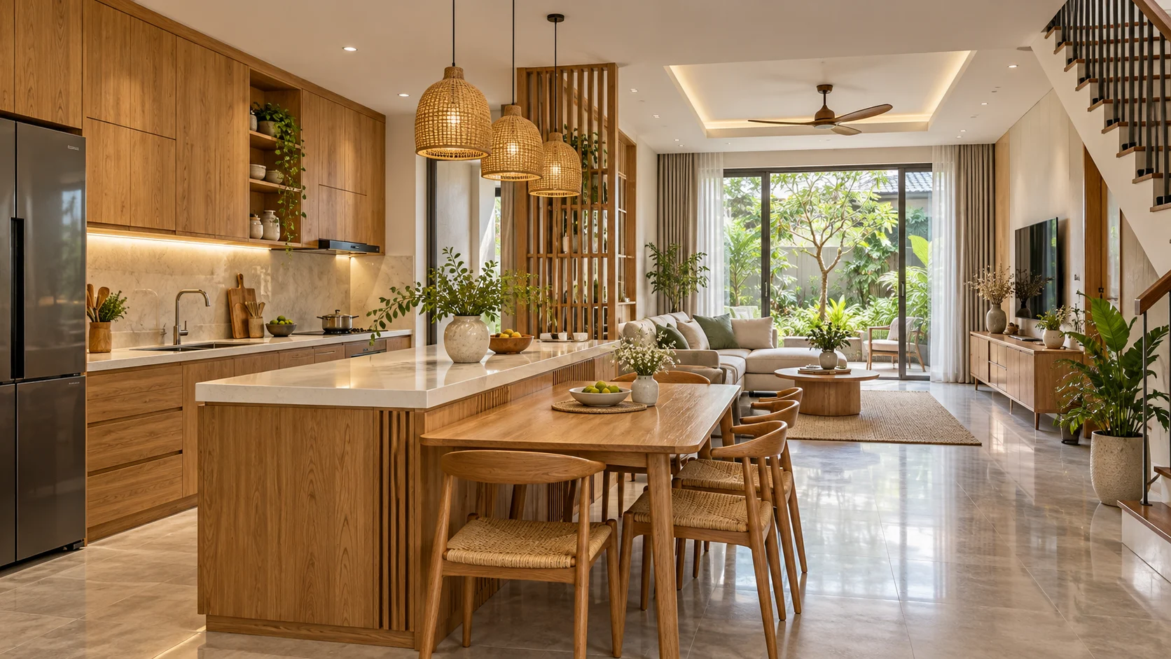 Nhà bếp mở liền phòng khách với tủ gỗ sáng