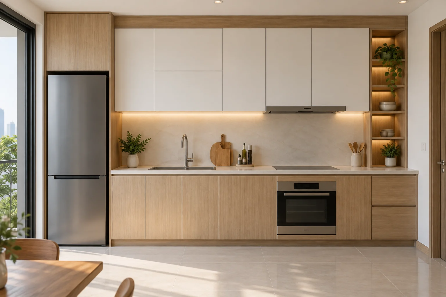 Thiết kế tủ bếp chữ I gọn cho căn hộ