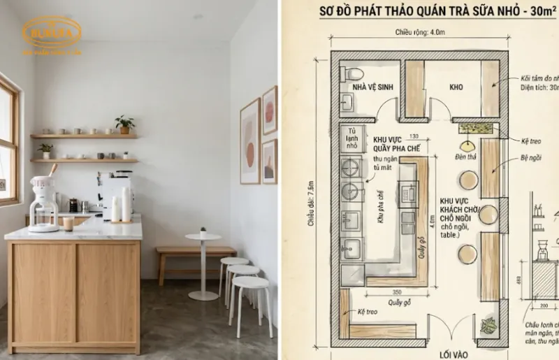 Không gian trang trí quán trà sữa nhỏ