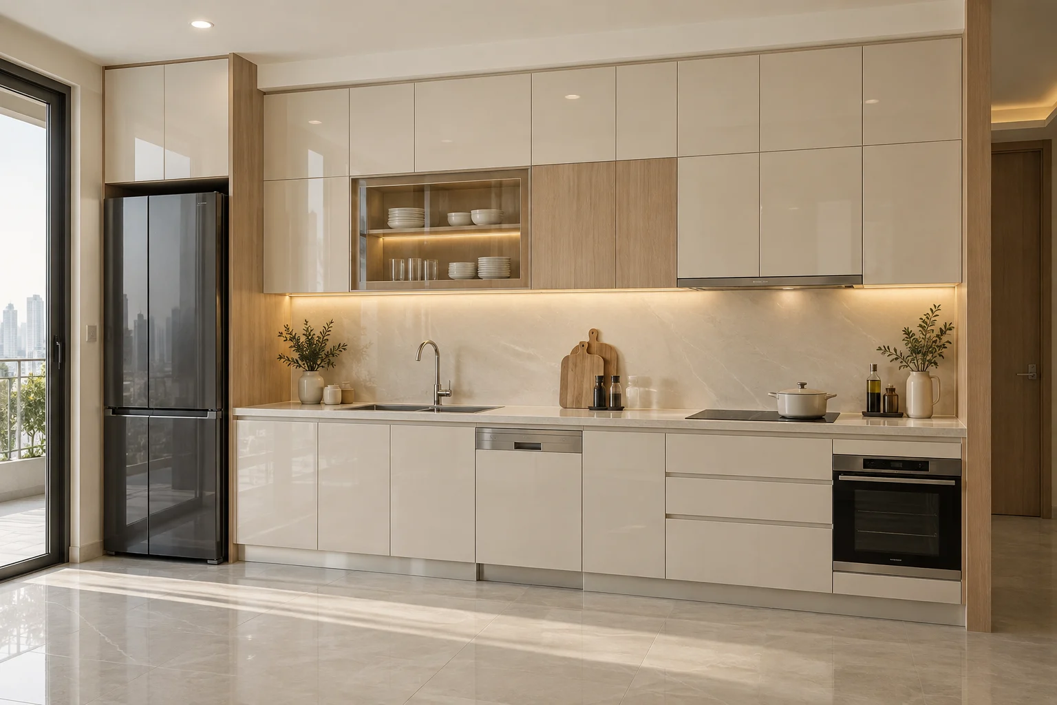 Tủ bếp acrylic chữ I màu trắng bóng, ảnh minh họa AI
