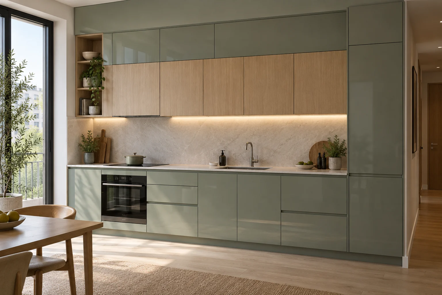 Tủ bếp acrylic chữ I cho căn hộ nhỏ, ảnh minh họa AI