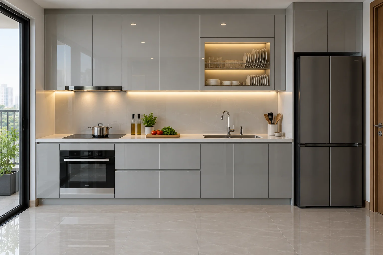 Tủ bếp acrylic chữ I tích hợp thiết bị, ảnh minh họa AI