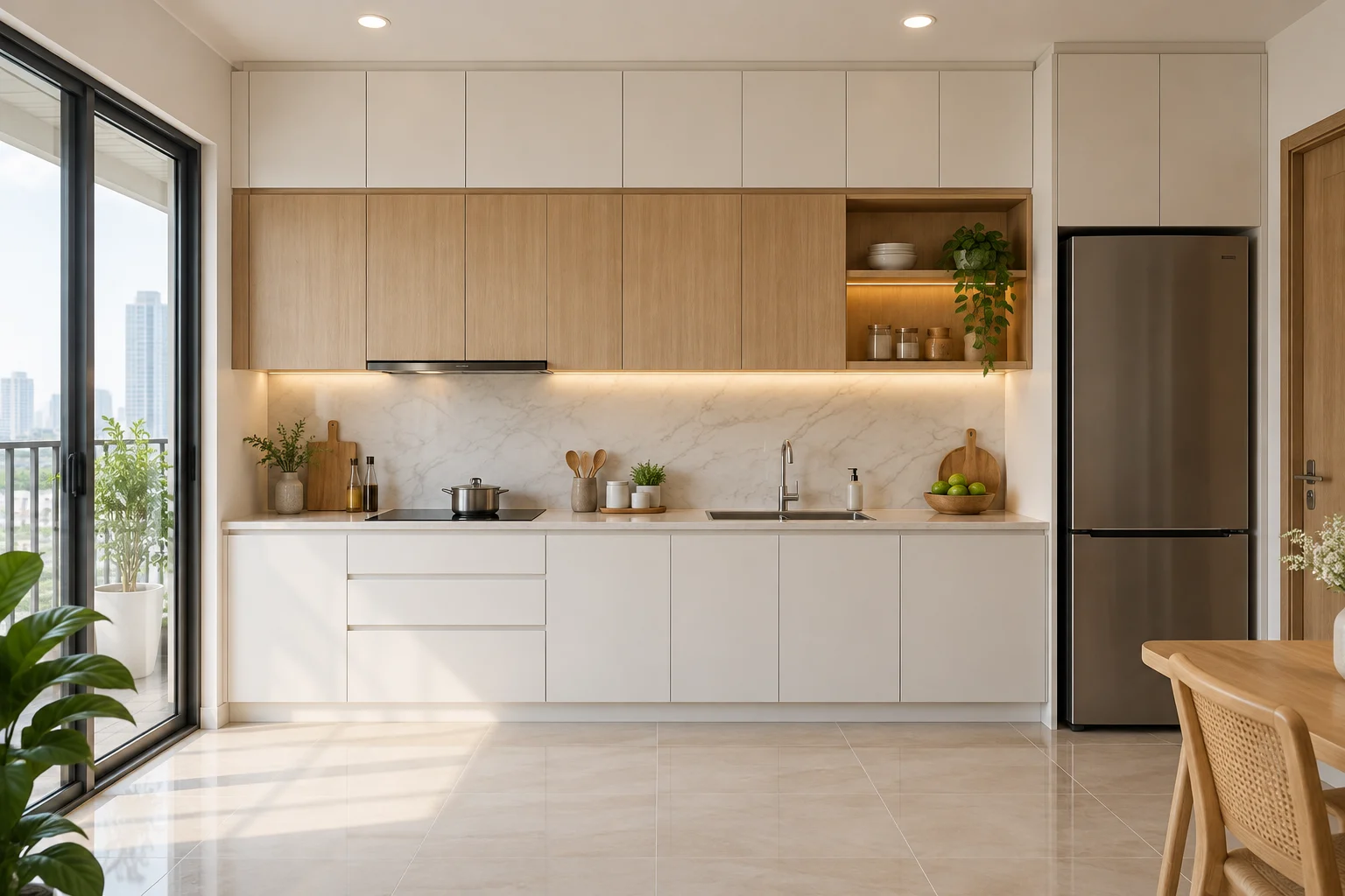 Tủ bếp chữ I kịch trần giúp tăng không gian lưu trữ