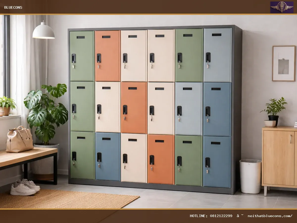Tủ locker sắt tông màu độc đáo – ảnh minh họa Bluecons