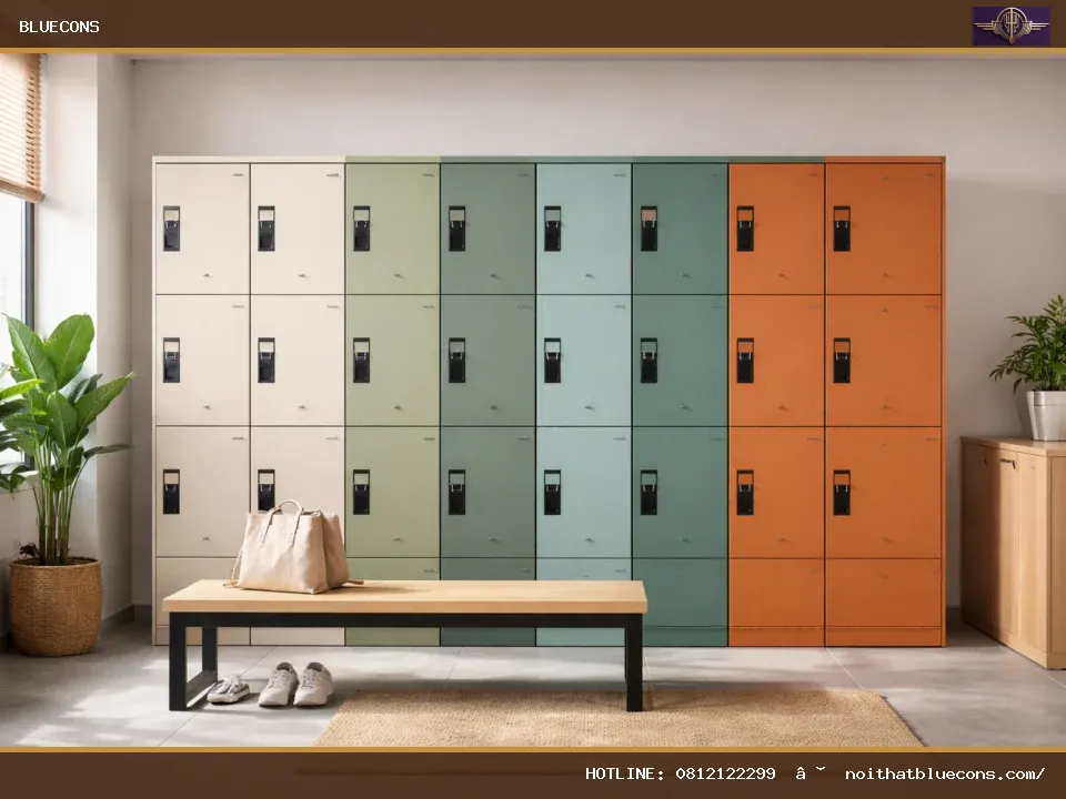 Tủ locker sắt tông màu độc đáo – ảnh minh họa Bluecons