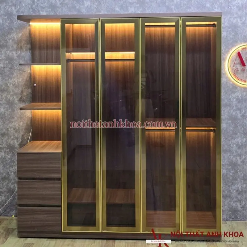 Tủ quần áo cánh kính khung gỗ MDF đẹp hiện đại, có LED