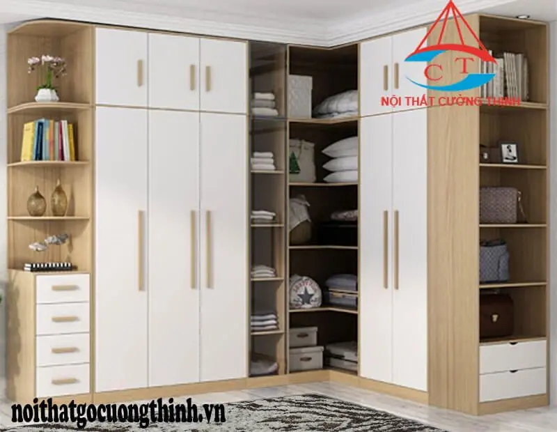 Tủ quần áo chữ L kết hợp 2 màu trắng vàng đẹp, hiện đại và nổi bật