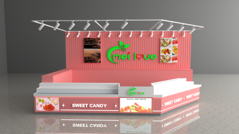 Phối cảnh 3D trực diện quầy Sweet Candy màu hồng với hệ đèn rọi tại khu vực dự án