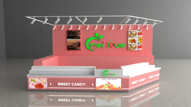 Phối cảnh 3D chính diện quầy kiosk bánh kẹo Mei Love tông hồng tại địa phương