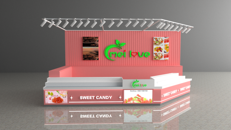 Mẫu quầy Sweet Candy tông hồng nhìn chính diện dành cho mặt bằng kinh doanh địa phương