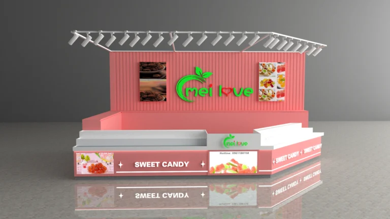 Thiết kế 3D tổng thể kiosk Mei Love với quầy mở và vách nhận diện màu hồng