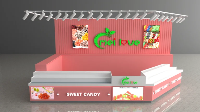 Phối cảnh góc phải quầy kiosk bánh kẹo Mei Love dành cho mặt bằng địa phương